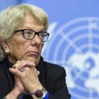 Carla del Ponte, member of the Independent Commission of Inquiry on the Syrian Arab Republic, attends a March 1 press conference at the European headquarters of the United Nations in Geneva. Renowned former war crimes prosecutor del Ponte has told a Swiss publication she’s resigning from the U.N.’s independent Commission of Inquiry on Syria after a five-year stint, decrying Security Council inaction to hold criminals accountable. Syria investigator del Ponte quits, blames U.N. Security Council for lack of backing