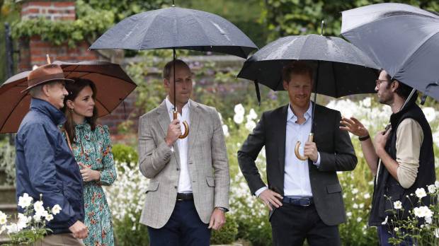 Britain’s Prince William, Duke of Cambridge (third from left), his wife, Britain’s Catherine, Duchess of Cambridge, and his brother, Britain’s Prince Harry (second, right)), talk with Head Gardener Sean Harkin during an event at the memorial gardens in Kensington Palace, west London, Wednesday. Princes William and Harry prepared to pay tribute to their late mother Princess Diana on Wednesday for the 20th anniversary of her death as wellwishers left candles and flowers outside the gates of her former London residence. Princes mark 20th anniversary of Diana's death with garden and charity visit as Britain pays respects