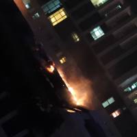 A fire is seen at the 1,105 foot tall Torch Tower skyscraper on Friday in Dubai, UAE. Dubai's 86-story residential skyscraper Torch Tower again engulfed in flames