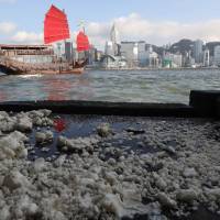 In this photograph taken and released by the South China Morning Post newspaper on Sunday, congealed palm oil washes up on the shoreline at Victoria Harbor in Hong Kong. Ten beaches typically packed on a hot weekend have shut down in Hong Kong on Sunday due to a palm oil spillage from a ship collision in mainland waters. Palm oil spill in Hong Kong prompts closure of 10 popular beaches