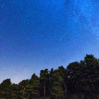 Two meteors streak across the sky above a forest on the outskirts of Madrid during the Perseid meteor shower on July 28, 2014. Bright moon may spoil Perseid meteor shower viewing this weekend