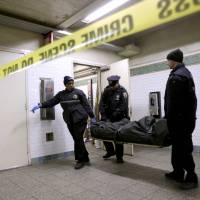 A police officer and medical examiner personnel carry a body out of the Times Square subway station in New York after witnesses told police that the man who died jumped into the path of an oncoming train in 2013. It’s a largely overlooked but gory reality of the New York City subway system: When someone kills themself by jumping in front of a train, police need to find a place to put the mutilated body until a medical examiner truck arrives. Sometimes, transit workers say, that place is their break room or bathrooms, and some say they have been traumatized by unexpectedly coming upon a stowed body. Grim NYC subway reality: Corpses sometimes kept in break rooms, lavatories