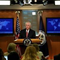 U.S. Secretary of State Rex Tillerson speaks at a press briefing at the State Department in Washington Tuesday. Tillerson praises Pyongyang's 'restraint' and says talks could be possible