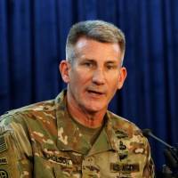 U.S. Army Gen. John Nicholson, commander of Resolute Support forces and U.S. forces in Afghanistan, speaks during a news conference in Kabul in April 14. Trump fumed about Afghanistan in tense Situation Room meeting, threatened to ax top general: report