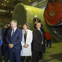 Ukrainian President Petro Poroshenko, second from left, visits the Yuzhmash aerospace enterprise (Southern Engineering plant) in Dnipro, Ukraine. The New York Times reported om Monday that North Korea’s quick progress in making ballistic missiles was made possible by black-market purchases of powerful rocket engines, probably from the Ukrainian plant in Dnipro. Ukrainian officials denied the claim. Ukraine rocket-maker denies leaking know-how to North Korea