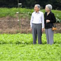 Emperor Akihito and Empress Michiko walk in a cabbage patch in the town of Karuizawa, Nagano Prefecture, last week. POOL / VIA KYODO Cabinet turmoil prompts likely delay in setting timing of Emperor's abdication