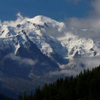 The Mont-Blanc mountain and summit are seen from Emosson, Switzerland, Wednesday. Weather prevents search for Japanese climber who sent SOS from Mont Blanc
