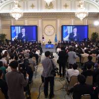 South Korea’s President Moon Jae-in speaks during a press conference at the presidential house in Seoul on Aug. 17. South Korea's Moon speaks out on wartime forced laborers' right to seek redress from Japanese firms