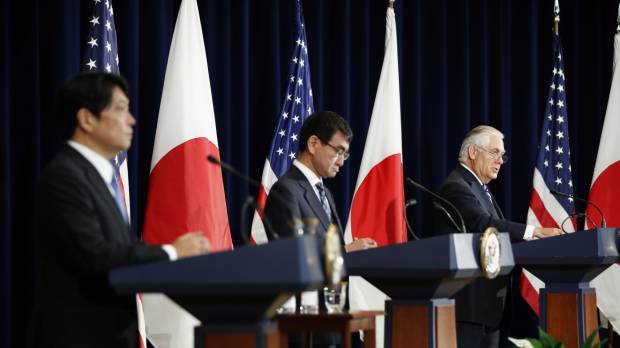 Facing reporters (from left) Defense Minister Itsunori Onodera and Foreign Minister Taro Kono listen as Secretary of State Rex Tillerson speaks during a news conference Thursday, at the State Department in Washington. U.S., Japan vow unity against North in 'two-plus-two' talks