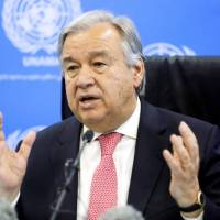 U.N. Secretary-General Antonio Guterres attends a news conference in Kabul on June 14. | KYODO