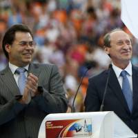 The lifetime ban of former Russian Athletics Federation president Valentin Balakhnichev (right), seen in an August 2013 file photo, was upheld by the Court of Arbitration for Sport on Monday. The court also upheld bans imposed on Papa Massato Daiack, the son of the former IAAF president Lamine Diack, and and former IAAF treasurer Valentin Balakhnichev for corruption charges. Life bans upheld for trio of officials in doping, bribery case