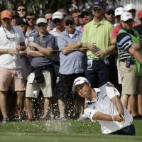 Hideki Matsuyama hits from the bunker on the 10th hole during the final round of the PGA Championship on Sunday in Charlotte, North Carolina. Matsuyama comes up short at PGA