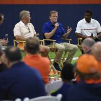 NFL commissioner Roger Goodell (second from right) speaks during a fan forum at the Denver Broncos training facility on Thursday, Aug. 3, 2017 in Englewood, Colo. Goodell tells Denver fans Kaepernick isn't being blackballed