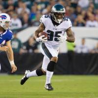 Philadelphia’s Ronald Darby returns an interception as Buffalo’s Nick O’Leary pursues during the first quarter on Thursday night. New acquisition Darby impressive in debut as Eagles top Bills