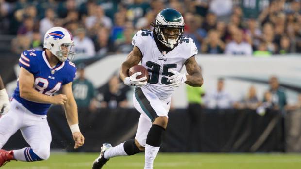 Philadelphia’s Ronald Darby returns an interception as Buffalo’s Nick O’Leary pursues during the first quarter on Thursday night. New acquisition Darby impressive in debut as Eagles top Bills
