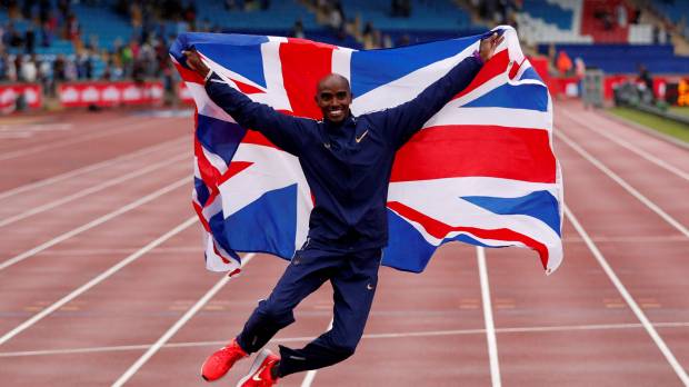 Mo Farah jumps for joy after winning the men’s 3,000 meters at the Diamond League meet in Birmingham, England, on Sunday. Farah wins final track race in Britain