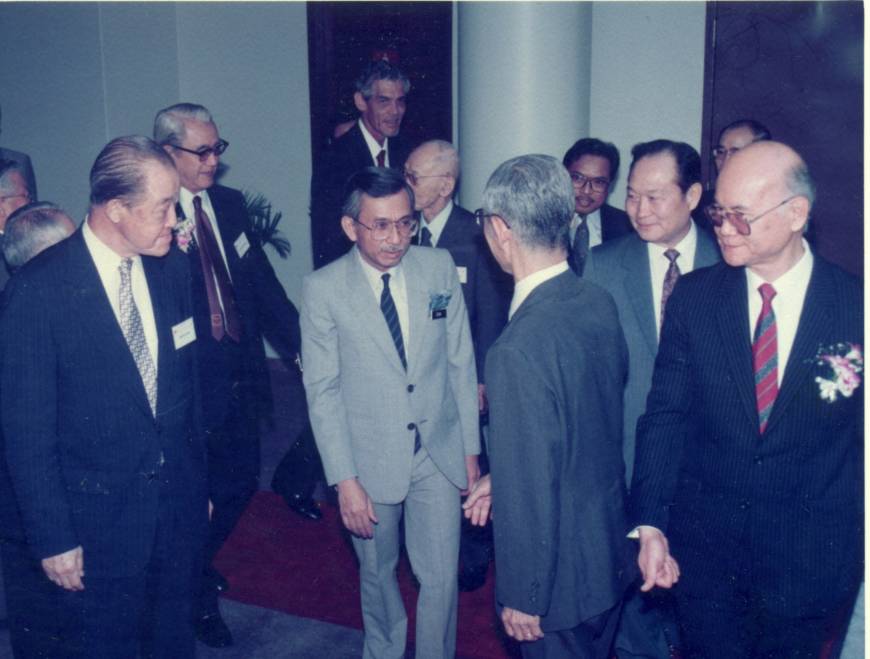Daim Zainuddin, then-minister of finance of Malaysia, third from left, arrives at the 13th MAJECA-JAMECA Joint Annual Conference that was held on June 21, 1990, in Kuala Lumpur.