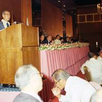 Then-Prime Minister Takeo Fukuda delivered a speech in Manila in 1977. | CABINET PUBLIC RELATIONS OFFICE