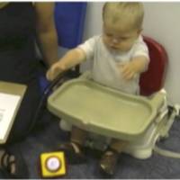 This combination of undated images taken from video provided by Julia Anne Leonard shows a “handoff” of a baby handing the toy to the parent, or throwing the toy to the ground during a study conducted by researchers. Children around 15 months old can become more persistent in pursuing a goal if they’ve just seen an adult succeed after struggling, a new study says. Babies, if they watch adults repeatedly try to achieve a goal, can copy that tenacity: study