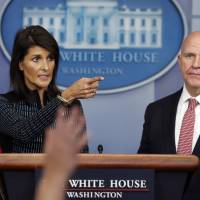 National security adviser H.R. McMaster and U.S. Ambassador to the United Nations Nikki Haley participate in a news briefing at the White House in Washington Friday. As options on North Korea run out, U.S. may turn to Pentagon, U.N. envoy warns