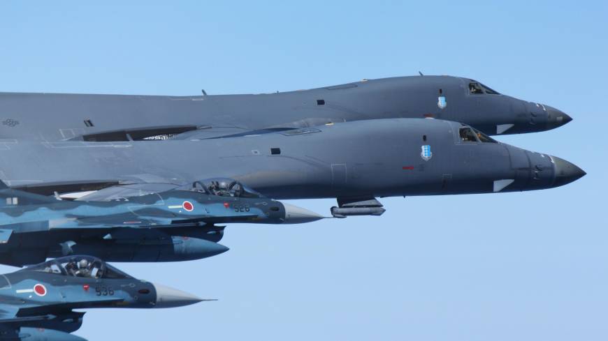 U.S. Air Force B-1B bombers flanking Air Self-Defense Force F-2 fighters execute a bilateral mission over the Pacific Ocean on Monday, in response to North Korean missile tests. Mattis hints at U.S. military options, says no need to shoot down North Korean missiles yet