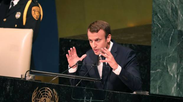 French President Emmanuel Macron addresses the 72nd session of the General Assembly at the United Nations in New York on Tuesday. Study in U.N. first-timer contrasts as Trump touts sovereignty, Macron internationalism, Gutteres nuke fears