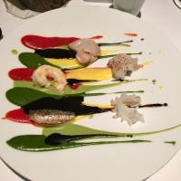 Living color: The chef’s signature dish is a scarpetta — a plate splattered with five colorful purees and topped with pieces of seafood that guests use to scoop up the sauces. Tokuyoshi adds some creative cocktails to the mix
