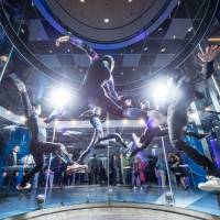 Five instructors show off their moves at FlyStation Japan’s opening event in April 2017. The safe thrills of indoor skydiving come to Kanto