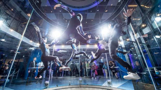 Five instructors show off their moves at FlyStation Japan’s opening event in April 2017. The safe thrills of indoor skydiving come to Kanto