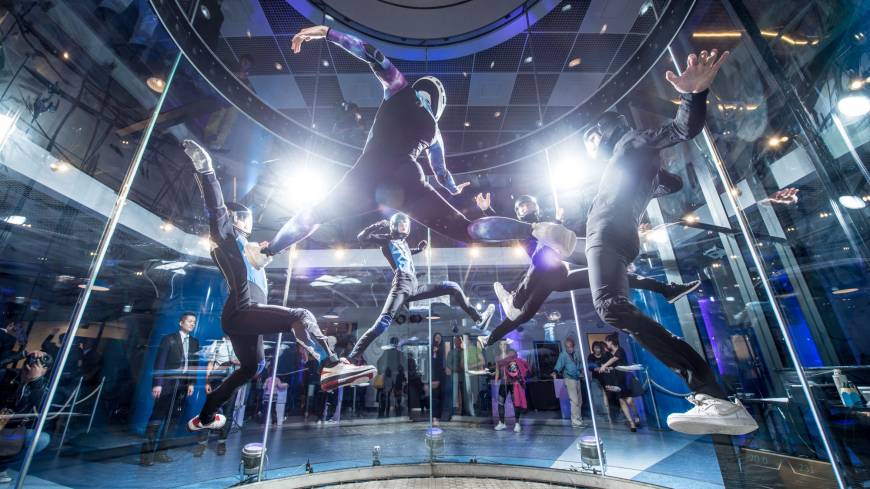 Five instructors show off their moves at FlyStation Japan’s opening event in April 2017. The safe thrills of indoor skydiving come to Kanto