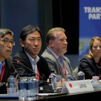 Japan’s chief trade negotiator, Kazuyoshi Umemoto (left) speaks at the Trans-Pacific Partnership seniors leaders meeting in Sydney on Thursday. Had the United States stayed in the TPP, it would have been the first true 21st century trade agreement. Salvage best parts of TPP for future trade agreements