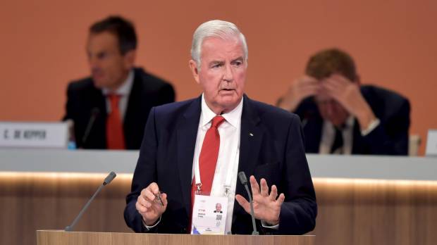 World Anti-Doping Agency chief Craig Reedie delivers his report on doping at the IOC Session in Lima on Friday. Russia doping issue persists