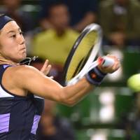 Miyu Kato plays a shot during her Japan Women’s Open final match against Kazakhstan’s Zarina Diyas on Sunday. Reformed Kato satisfied with showing at Japan Women's Open