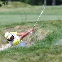 Hideki Matsuyama hits out of a bunker during the second round of the Dell Technologies Championship on Saturday in Norton, Massachusetts. Matsuyama looking to restore previous form