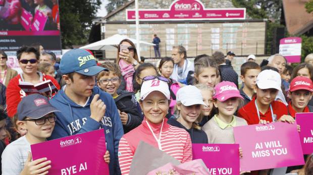 Ai Miyazato poses for photos with fans after the final round of her career on Sunday afternoon at the Evian Championship. Miyazato closes book on career
