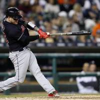 Cleveland’s Roberto Perez singles in the fourth inning in the nightcap against Detroit on Friday night at Comerica Park. Indians sweep twin bill again
