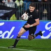 New Zealand’s Beauden Barrett scores a try during a Rugby Championship match against visiting Argentina on Saturday. All Blacks throttle visiting Springboks