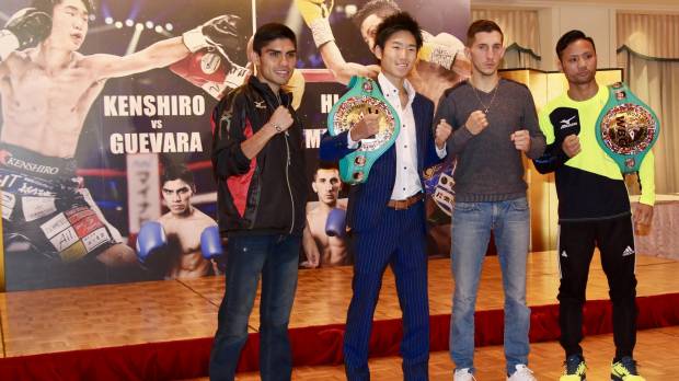 (From left): Pedro Guevara, WBC light flyweight champion Kenshiro Terachi, Thomas Masson and WBC flyweight champion Daigo Higa attend a world title signing ceremony in Tokyo on Thursday. Daigo Higa, Kenshiro Terachi seek to impress in first title defenses