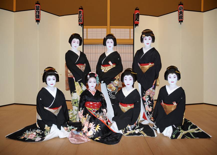 Geisha Megumi (center, back) poses with other geisha in Hachioji.