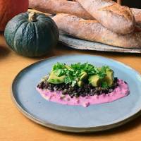 In the pink: Avocado, lentils and shibazuke yogurt are served at Locale, where the menu depends on the ingredients freshly delivered by a network of organic farmers around Japan. Locale
