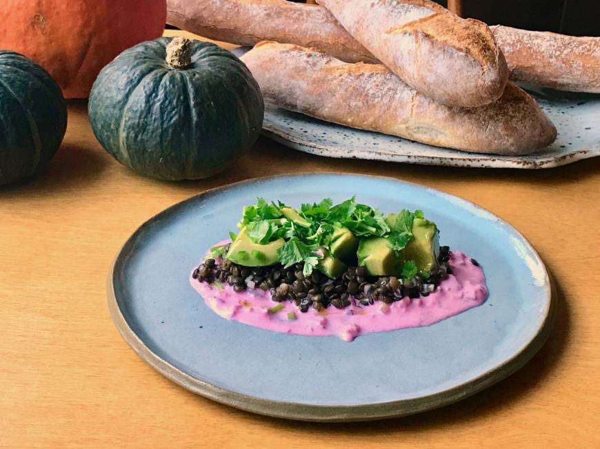 Locale In the pink: Avocado, lentils and shibazuke yogurt are served at Locale, where the menu depends on the ingredients freshly delivered by a network of organic farmers around Japan. | ROBBIE SWINNERTON
