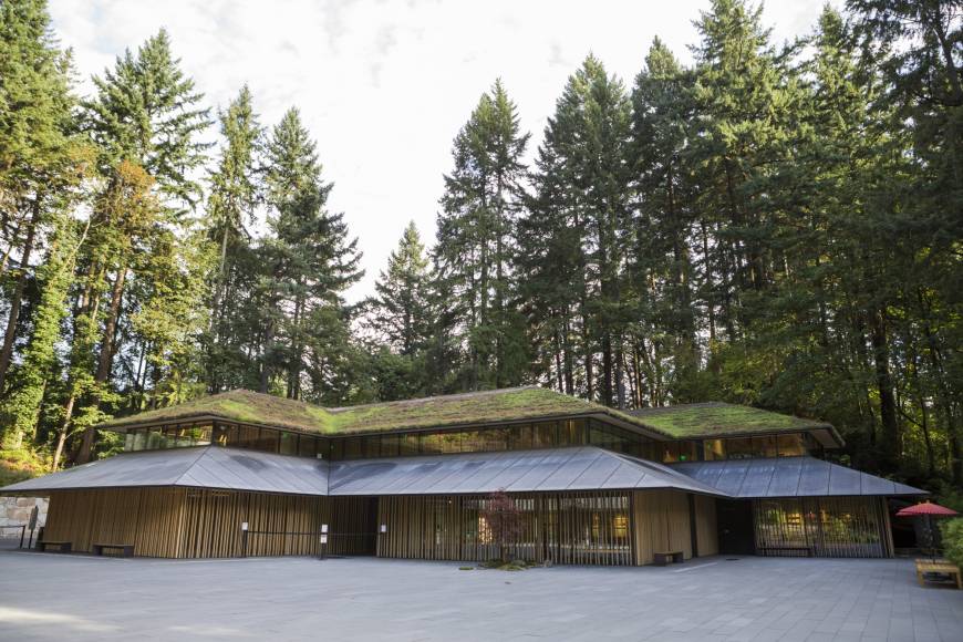 The Portland Japanese Garden in Oregon contains a village-like square that boasts a cafe, library and exhibition space.