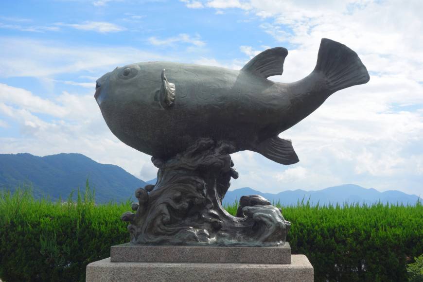 A statue of a puffer fish as Kameyama Hachimangu Shrine in Shimonoseki, Yamaguchi Prefecture.