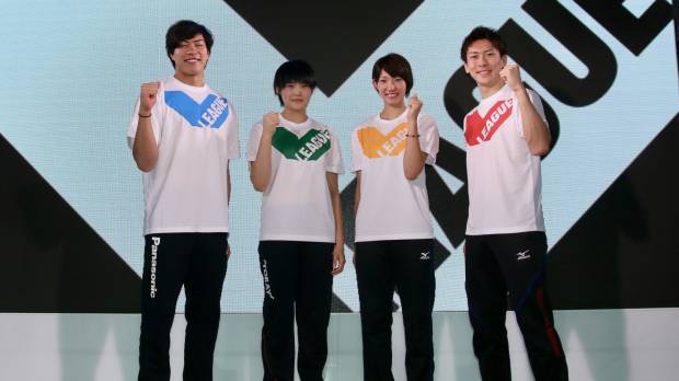 (From left): The Panasonic Panthers’ Kunihiro Shimizu, Toray Arrows’ Ai Kurobe, Hisamitsu Pharmaceutical Springs’ Yuki Ishii and Toyoda Gosei Trefuerza’s Takuya Takamatsu pose for photos during a news conference in Tokyo on Monday. V.League hoping to shake up volleyball scene