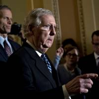 Senate Majority Leader Mitch McConnell, a Republican from Kentucky, speaks during a news conference after a weekly caucus meeting at the U.S. Capitol in Washington on Tuesday. GOP-led Senate takes rare path in confirming Trump judicial pick and skips 'blue slip' process