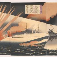 A woodblock print titled “The Great Naval Battle of Haiyang Island” by artist Bairin and carver Hori Yata (1894) Exploring war through woodblock prints