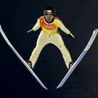 Noriaki Kasai competes in the men’s team ski jumping event at the 2018 Pyeongchang Olympics on Monday night. Veteran Noriaki Kasai determined to compete at Beijing 2022 at age 49
