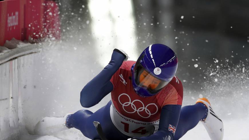 Britain’s Lizzy Yarnold celebrates her winning run in the women’s skeleton competition at the Pyeongchang Olympics on Saturday. British women continue unlikely dominance