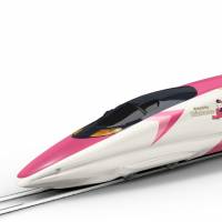 This image illustrates a Hello Kitty-themed pink and white bullet train set to debut on the Sanyo Shinkansen Line between Shin-Osaka and Hakata stations this summer. The schedule will be announced at a later date. Hello Kitty bullet train to debut on Sanyo Line this summer