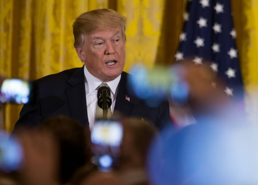 U.S. President Donald Trump speaks at the White House on Thursday. Trump’s ‘joke’ about Japanese car inspections dropping bowling balls leaves Tokyo perplexed